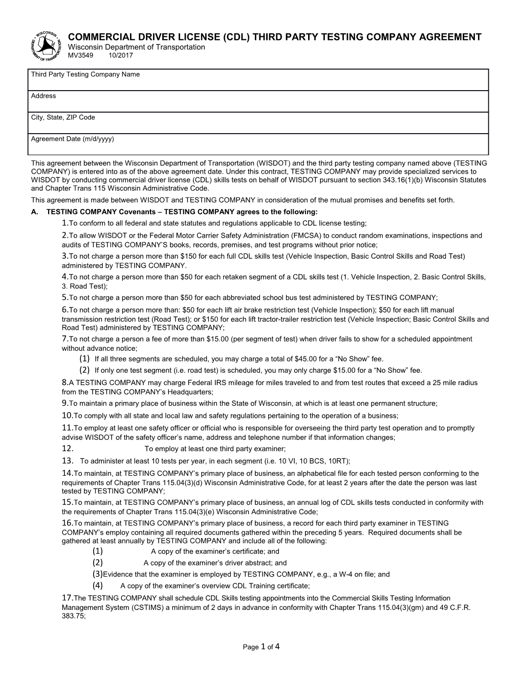 Commercial Driver License (CDL) Third-Party Testing Company Agreement