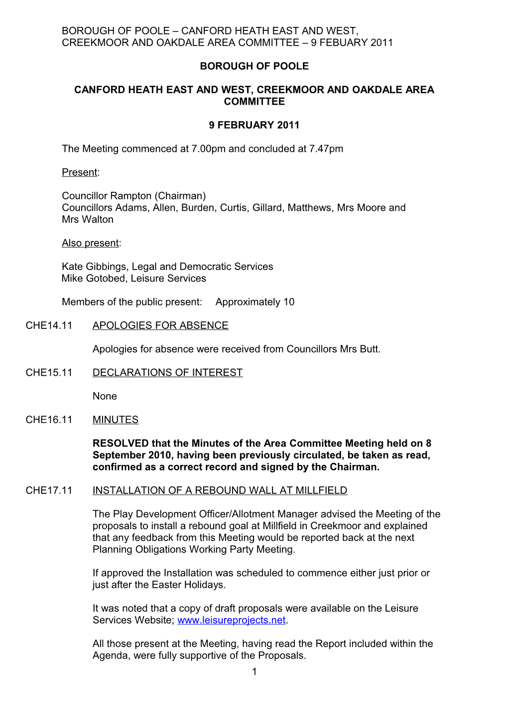 Minutes - Canford Heath East and West, Creekmoor and Oakdale Area Committee - 9 February 2011