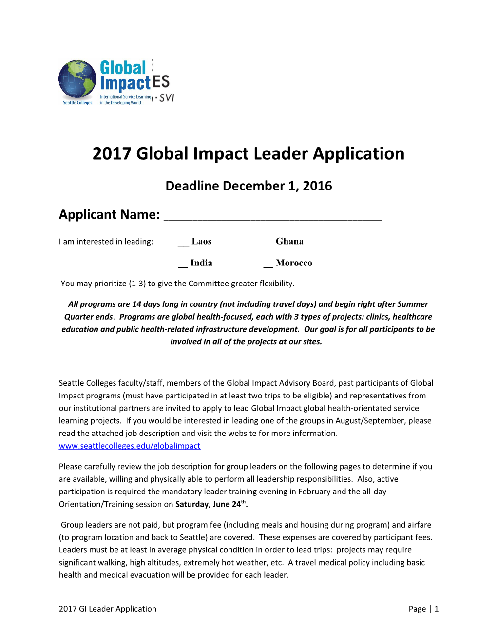 2017 Global Impact Leader Application