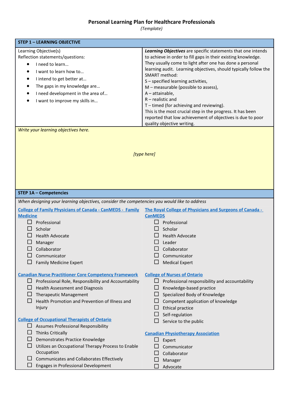 Personal Learning Plan for Healthcare Professionals