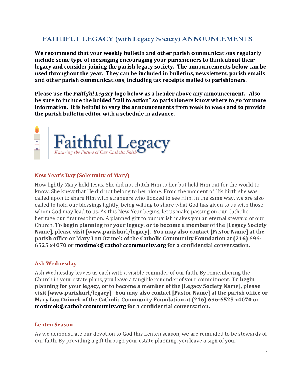 FAITHFUL LEGACY (With Legacy Society) ANNOUNCEMENTS