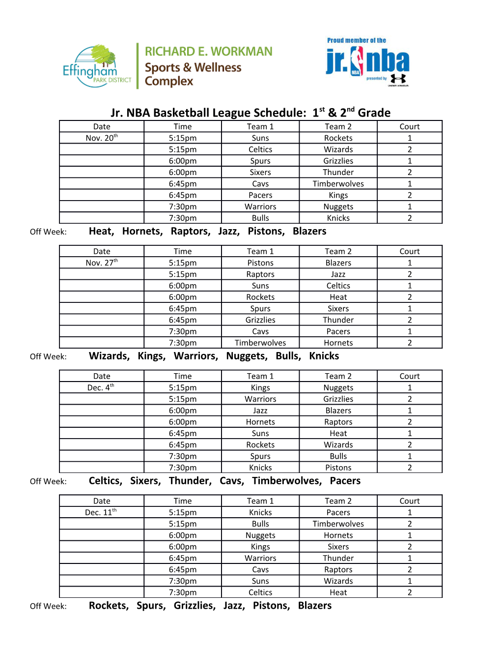 Jr. NBA Basketball League Schedule: 1St & 2Nd Grade