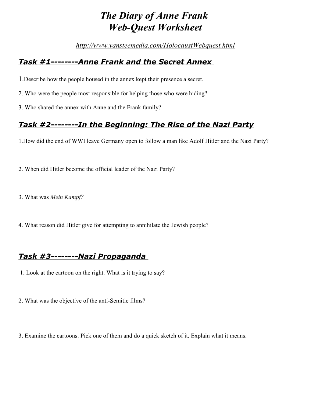 The Diary of Anne Frank Webquest Worksheet