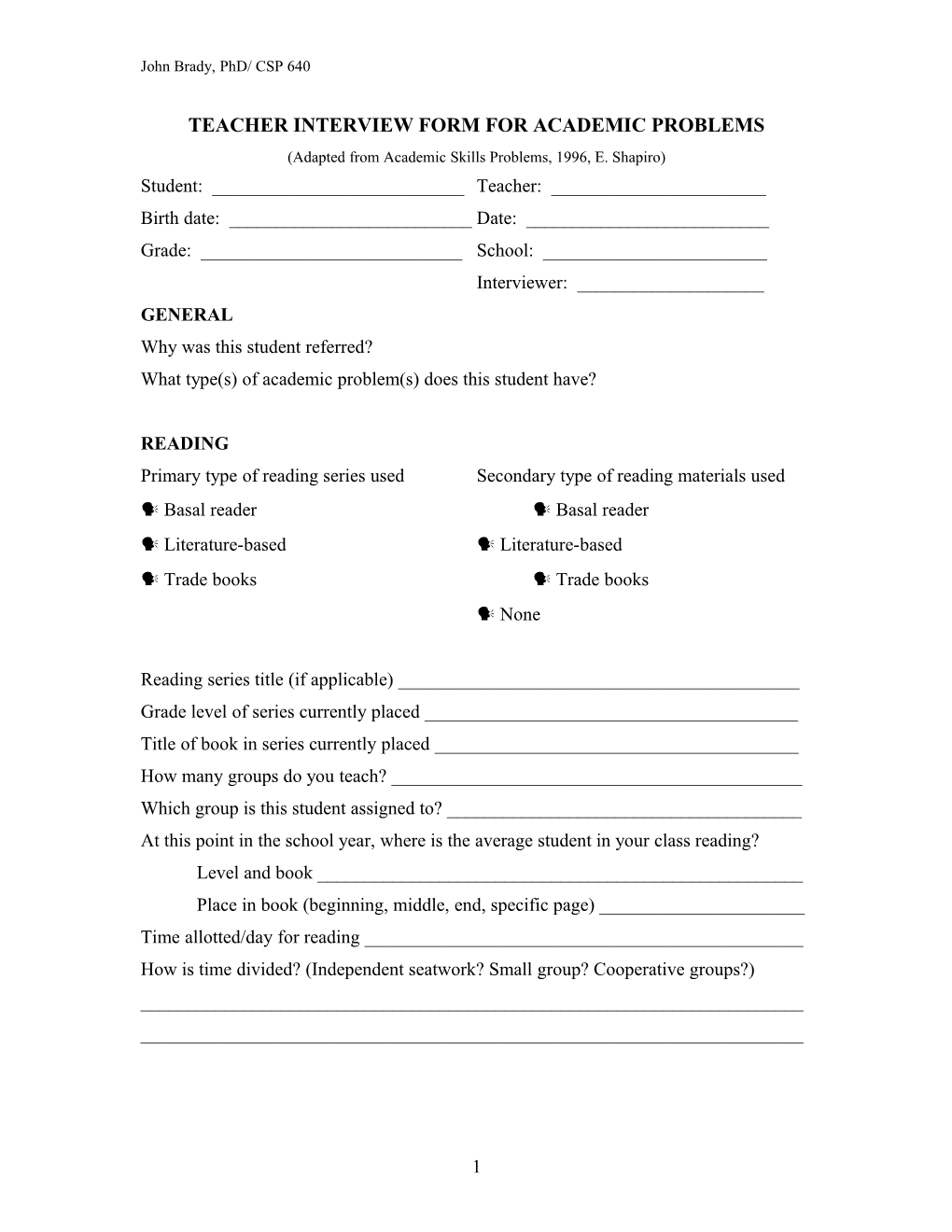 Teacher Interview Form for Academic Problems