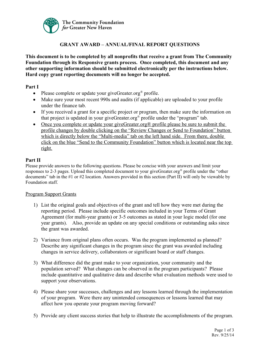 Grant Award Annual/Final Report Questions