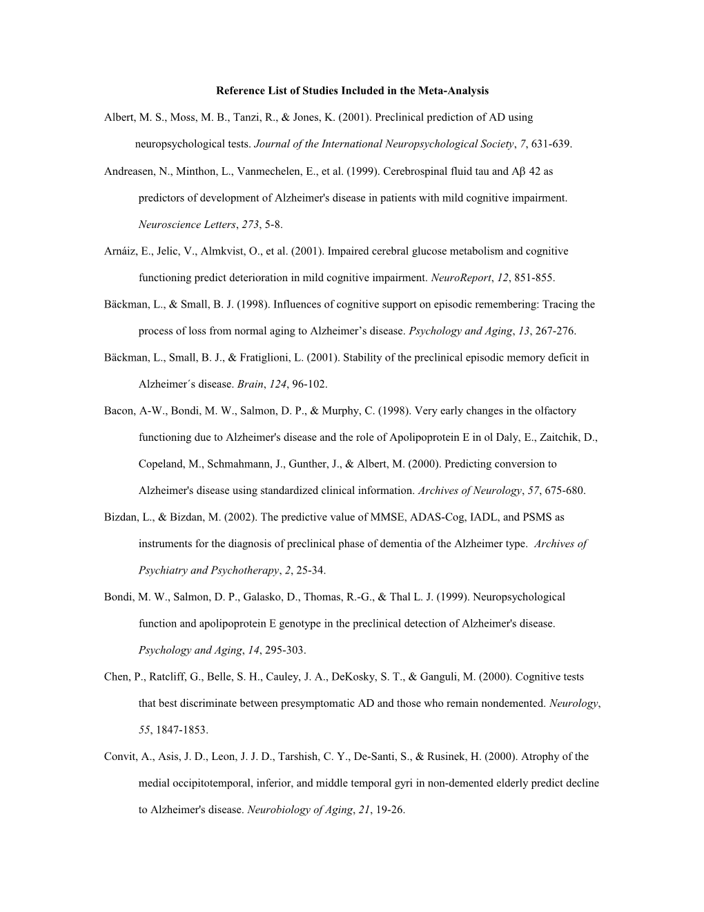 Reference List of Studies Included in the Meta-Analysis