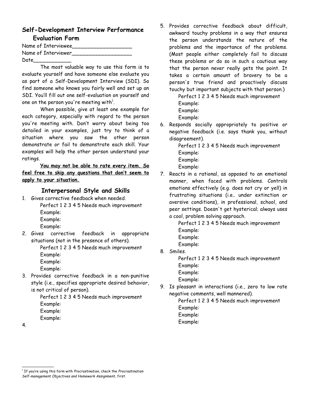 Self-Development Interview Performance Evaluation Form