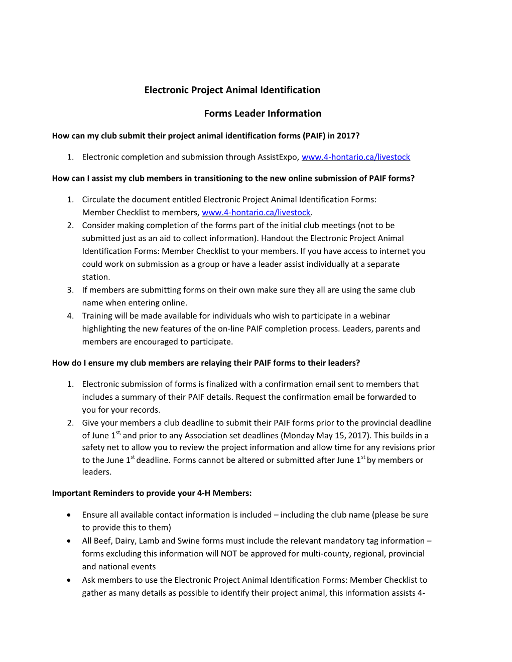 Electronic Project Animal Identification Forms Leader Information