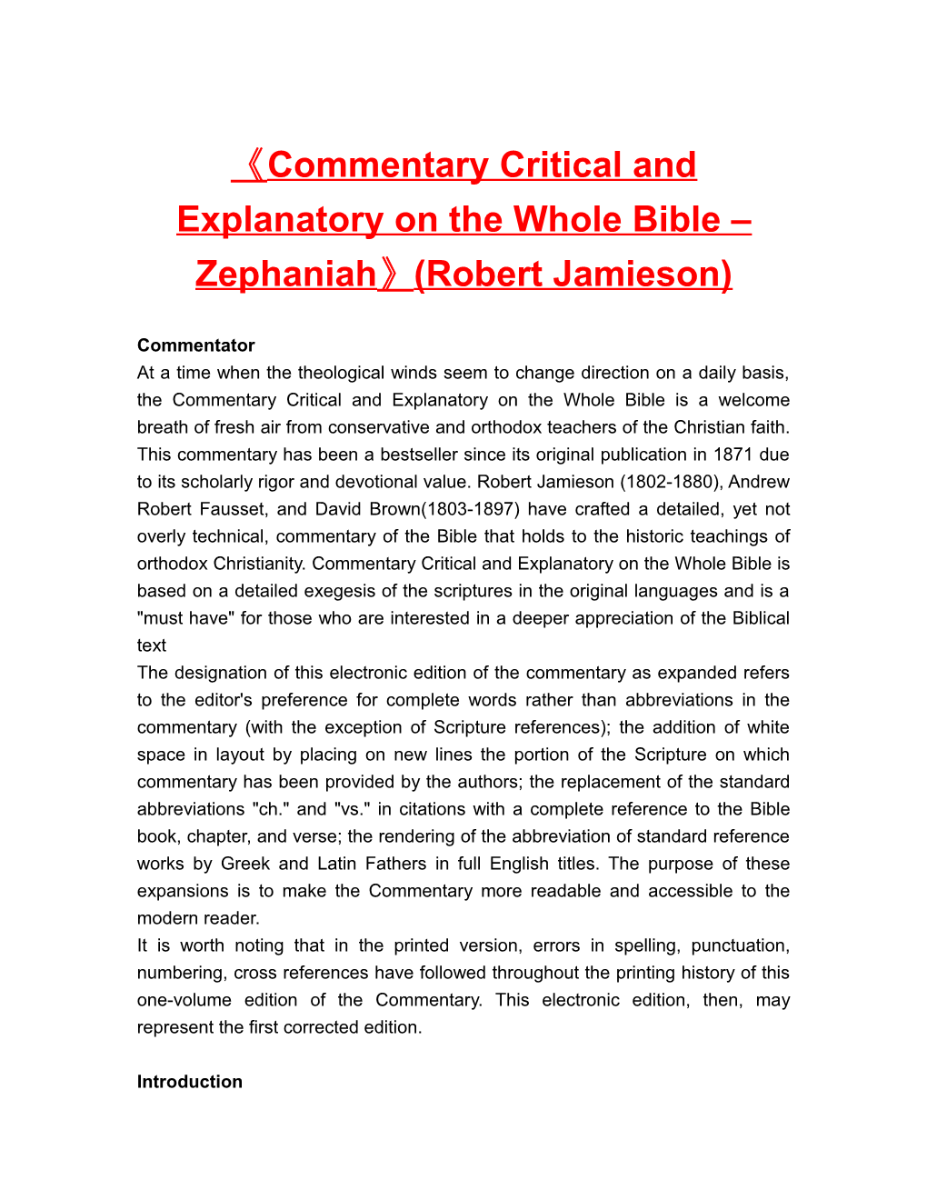 Commentary Critical and Explanatory on the Whole Bible Zephaniah (Robert Jamieson)
