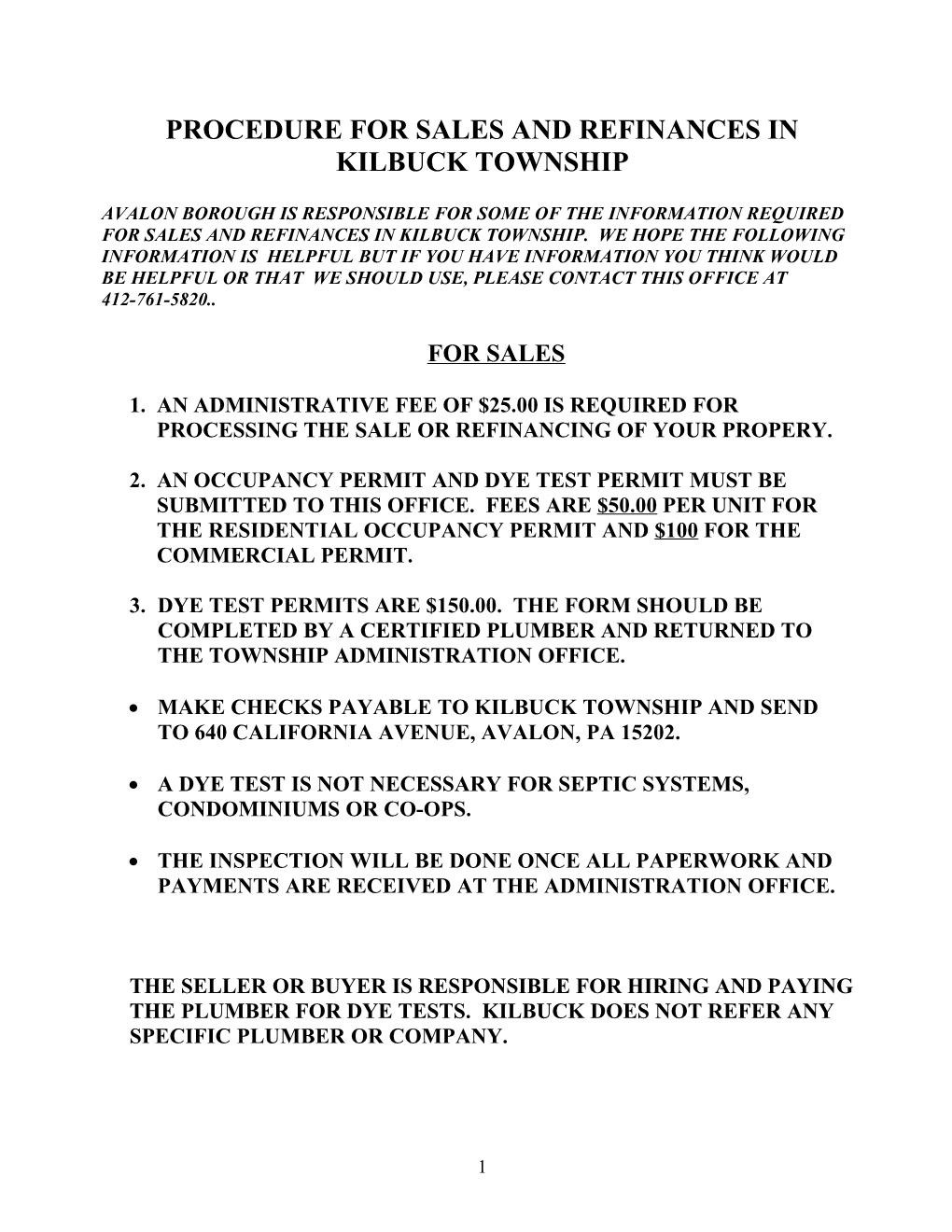 Procedure for Sales and Refinances in Kilbuck Township