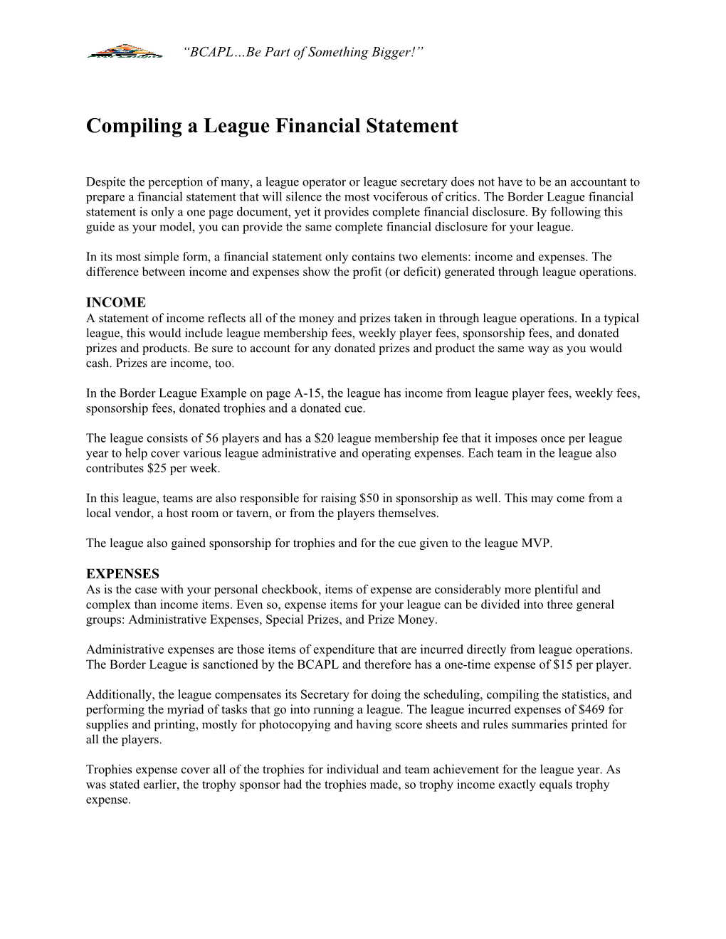 Compiling a League Financial Statement