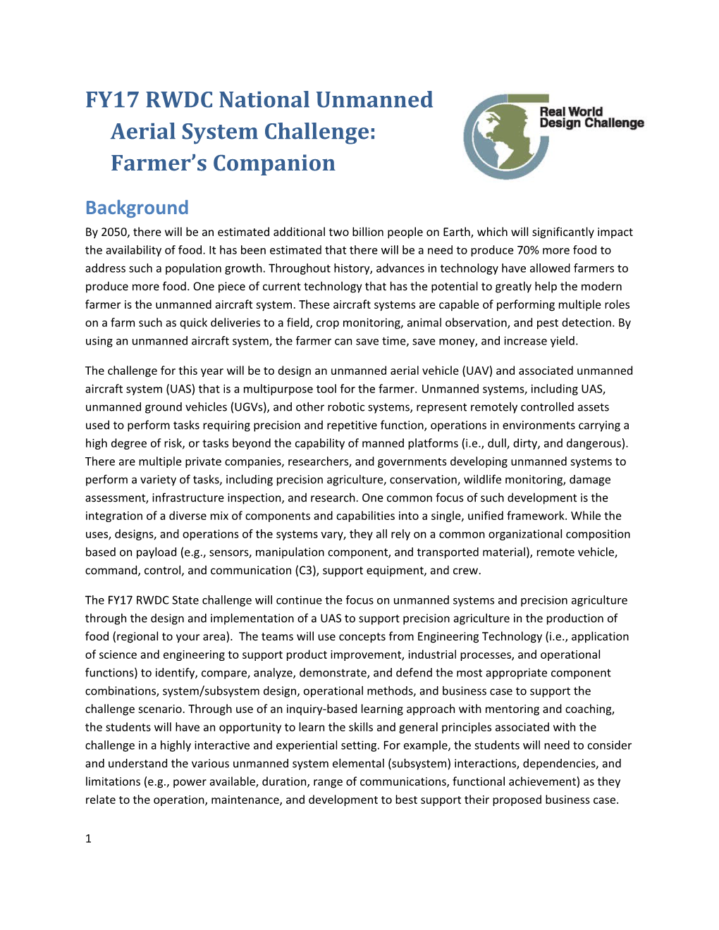 FY17 RWDC Nationalunmanned Aerial System Challenge: Farmer S Companion