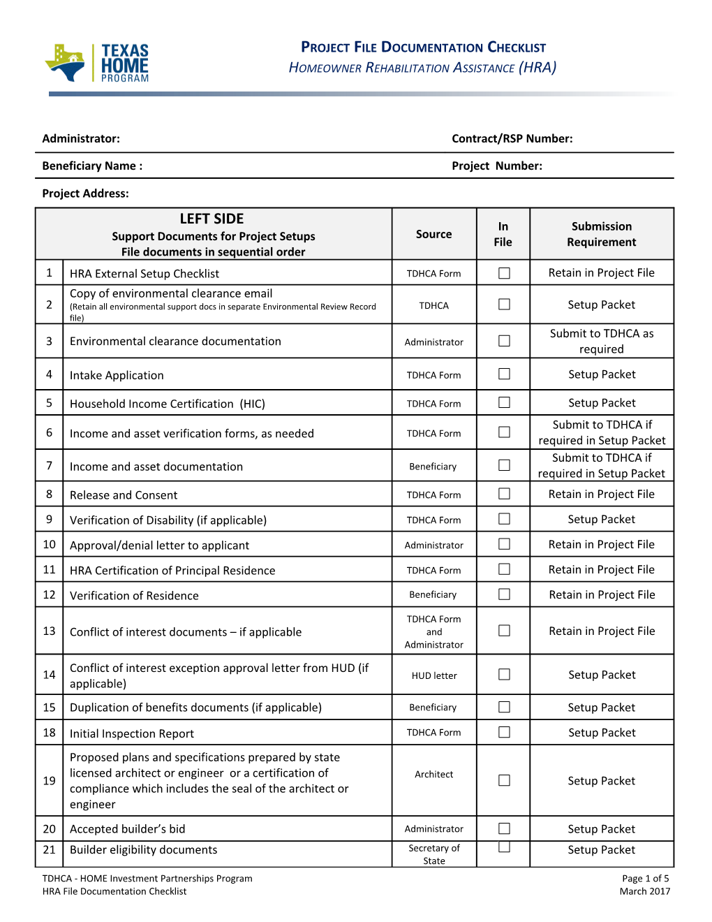 Homeowner Rehab Project File Checklist