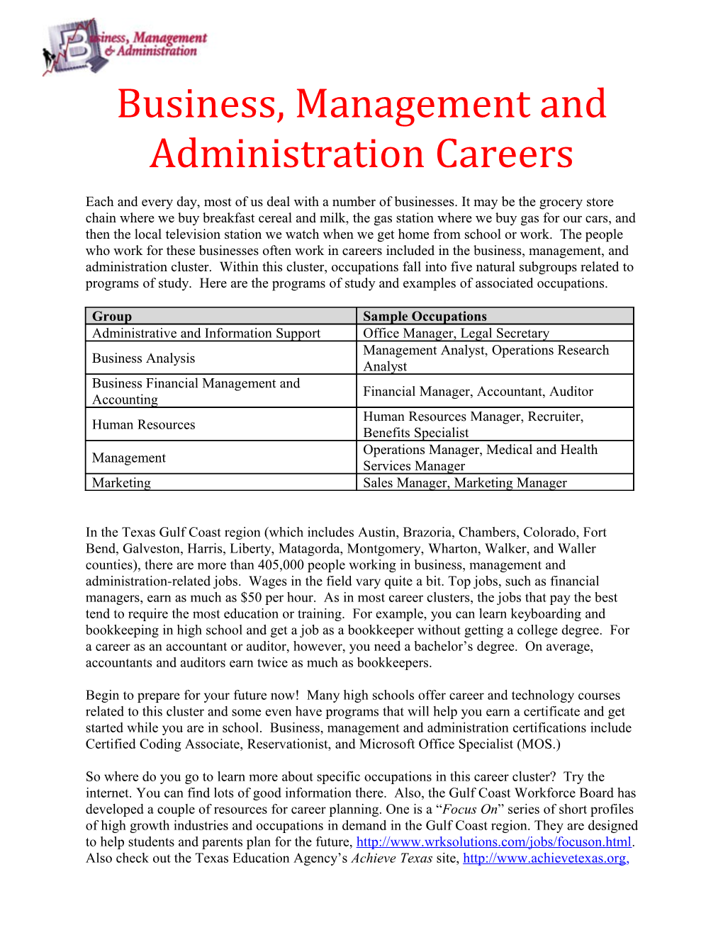 Business, Management and Administration Careers