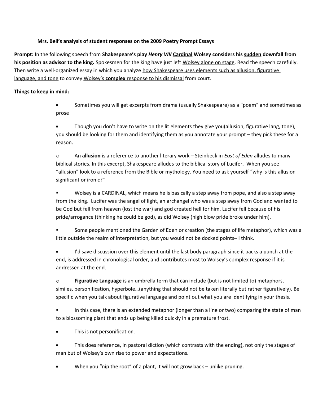 Mrs. Bell S Analysis of Student Responses on the 2009 Poetry Prompt Essays