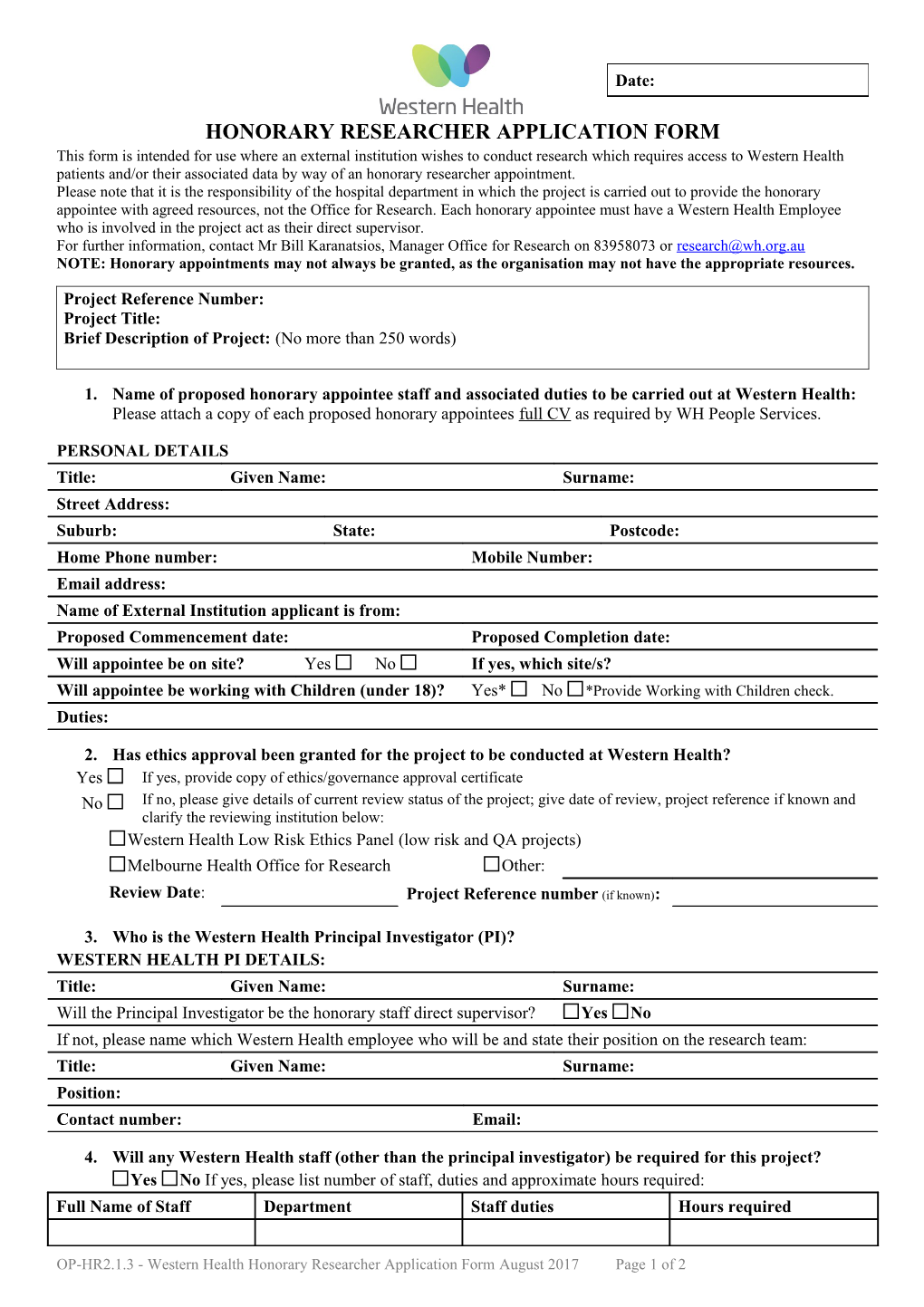 Honorary Researcher Application Form