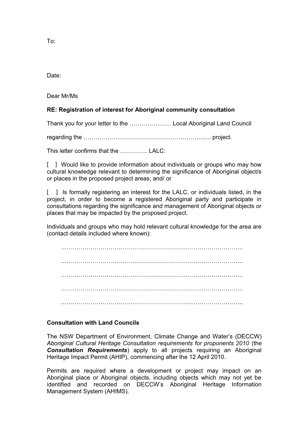 RE: Registration of Interest for Aboriginal Community Consultation
