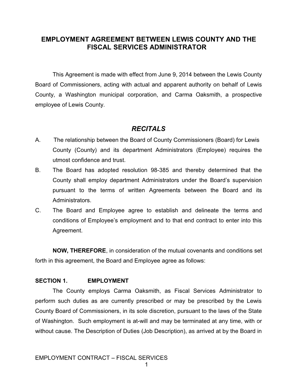 Employment Agreement Between Lewis County and Employee