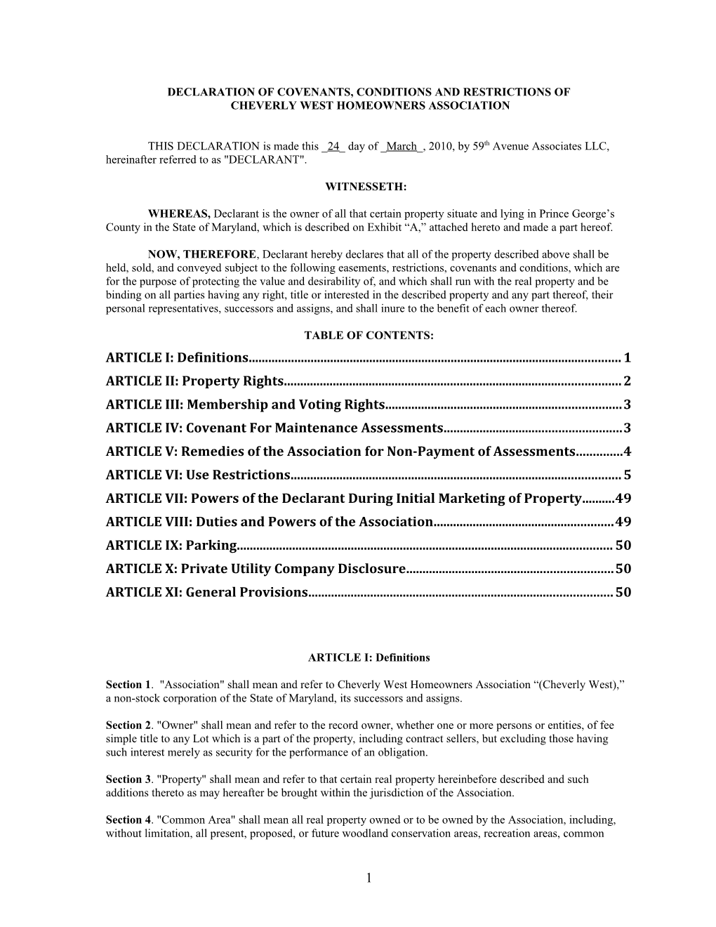 Declaration of Covenants, Conditions and Restrictions of Cheverly West