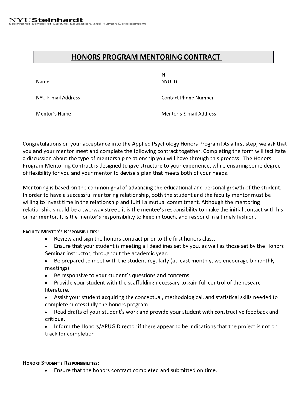 Honors Program Mentoring Contract 2009-2010