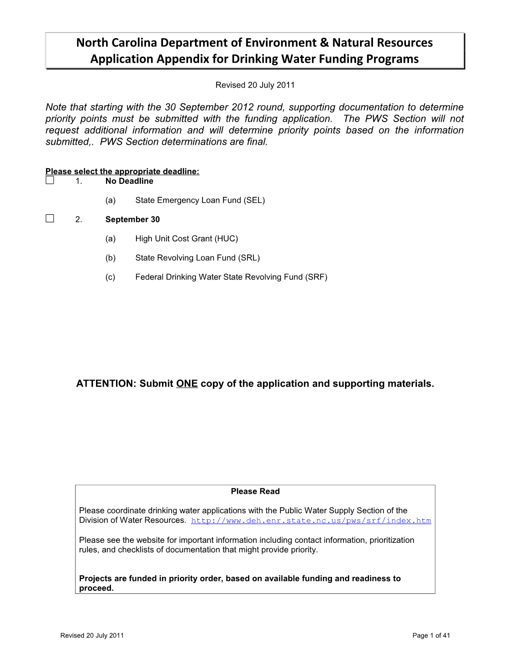 Application Appendix for Drinking Water Funding Programs