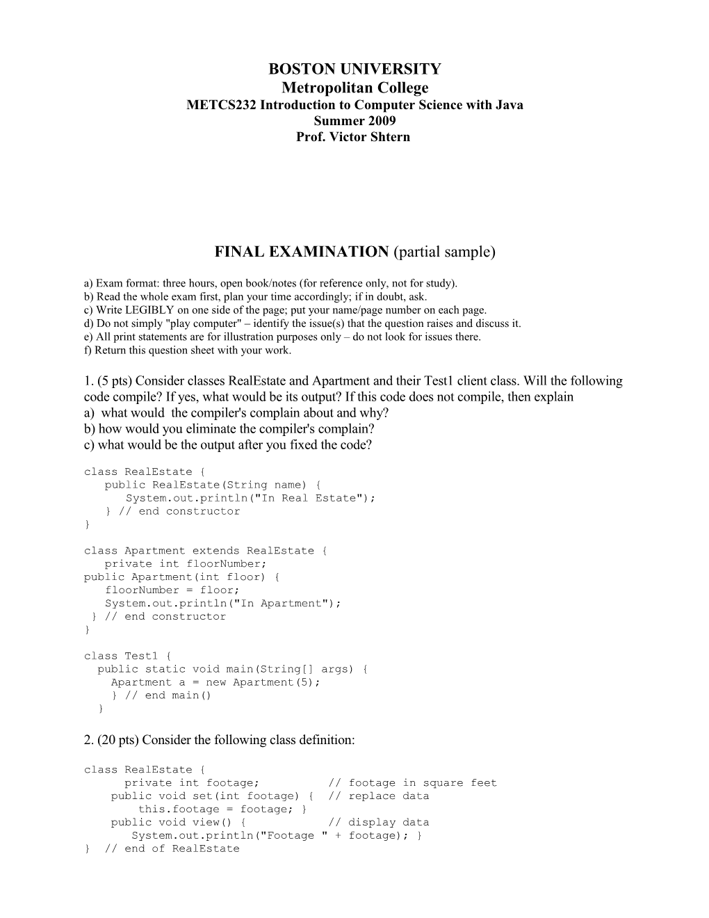 METCS232 Introduction to Computer Science with Java