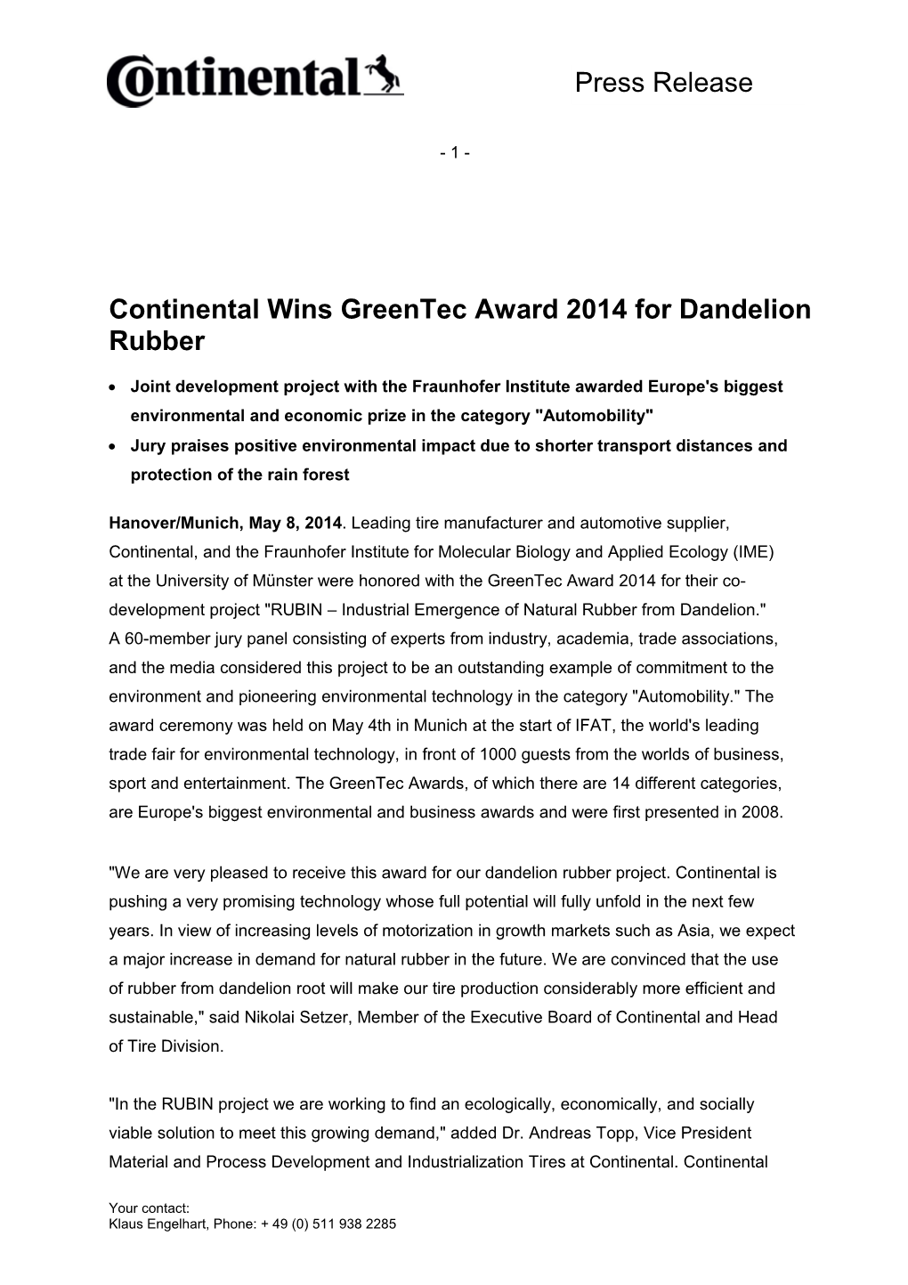 Continental Wins Greentec Award 2014 for Dandelion Rubber