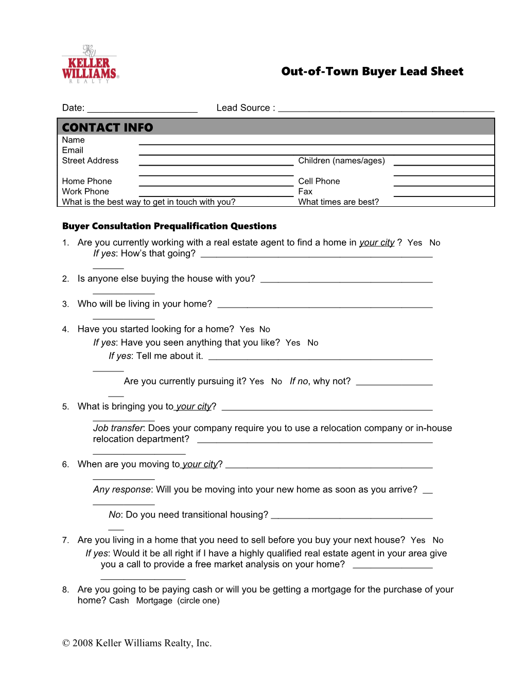 Out-Of-Town Buyer Lead Sheet