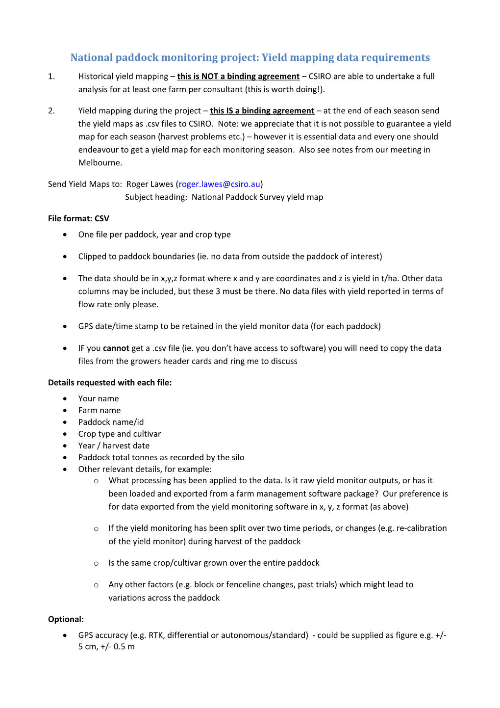 National Paddock Monitoring Project: Yield Mapping Data Requirements