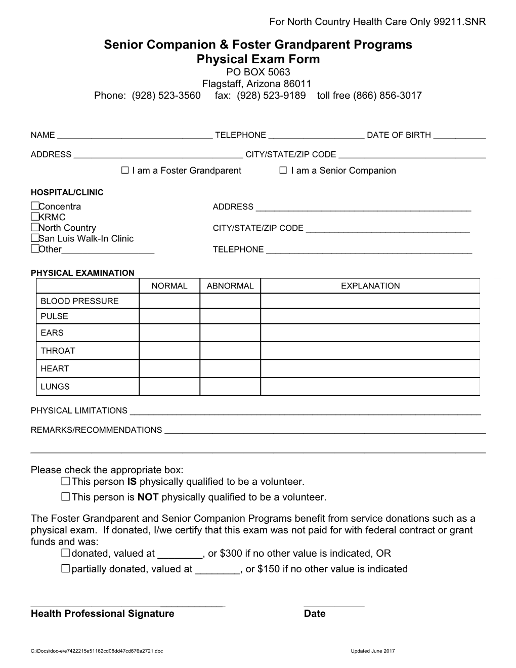 Senior Companion Program Physical Exam Form