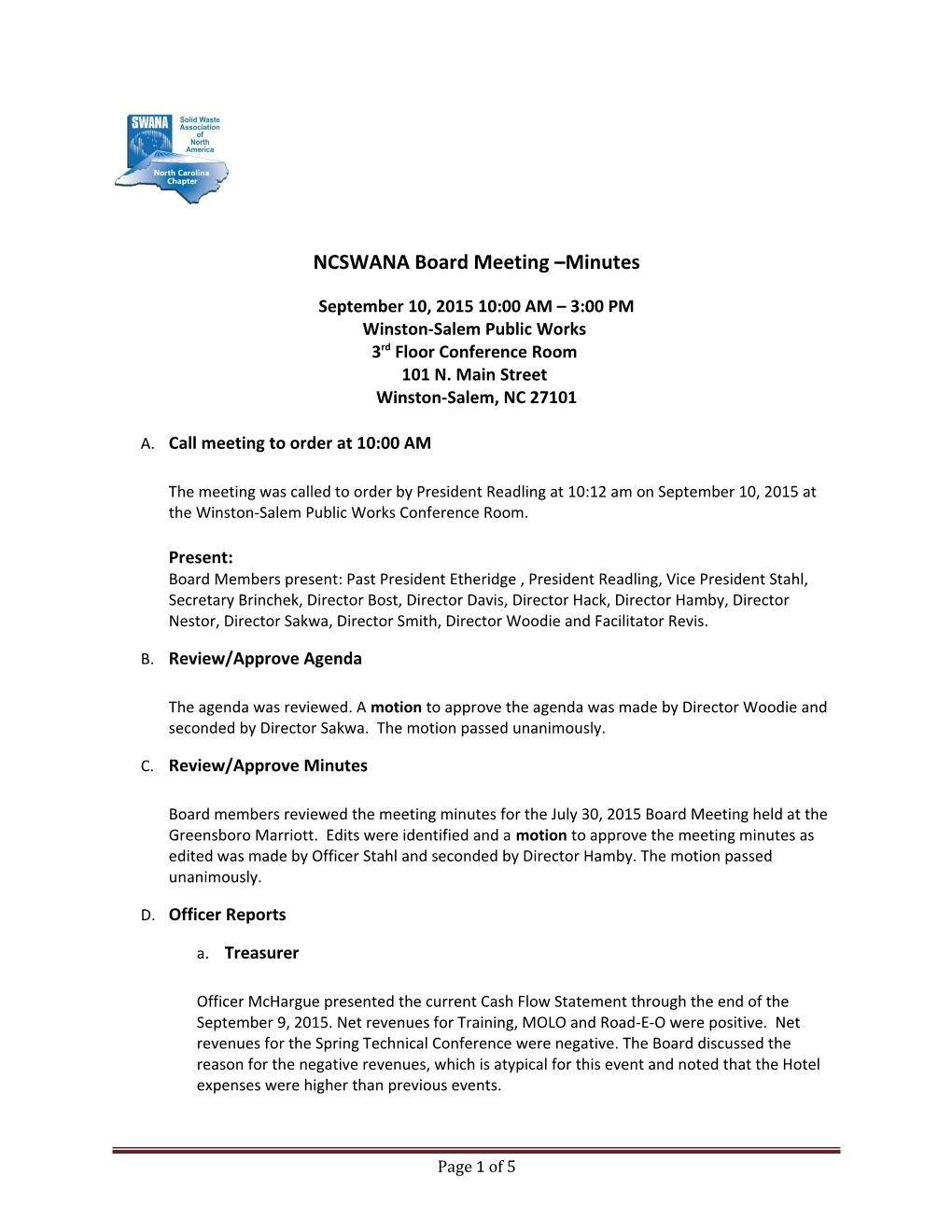 NCSWANA Board Meeting Minutes