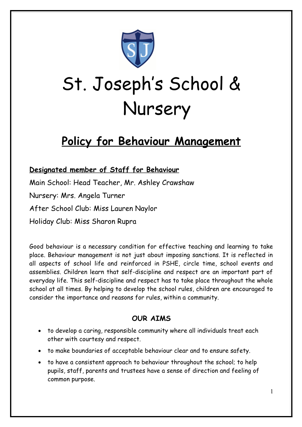 Policy for Behaviour Management