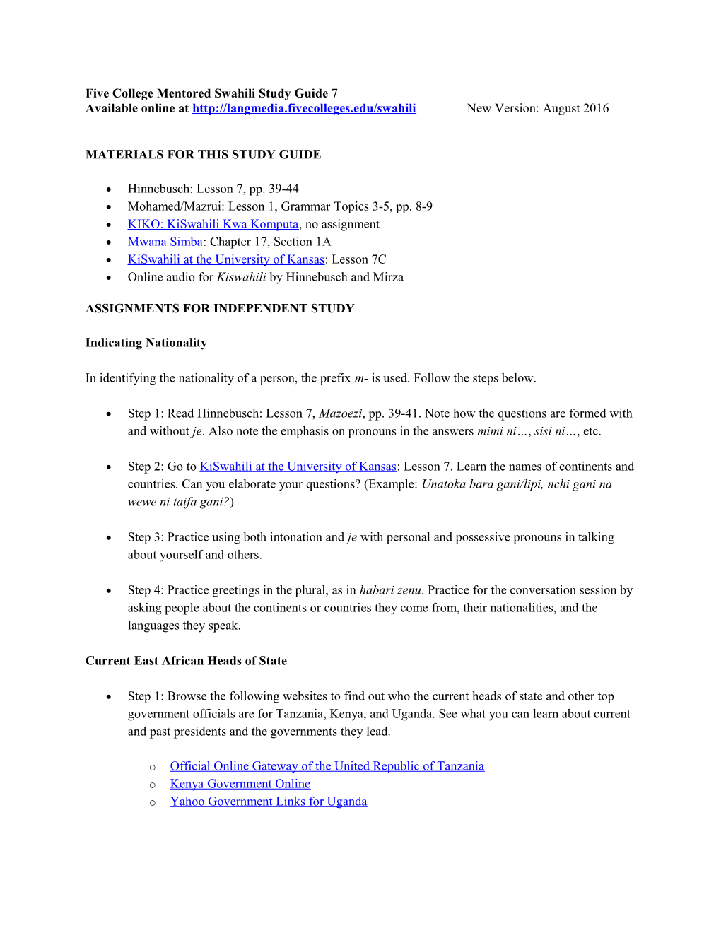 Five College Mentored Swahili Study Guide 1