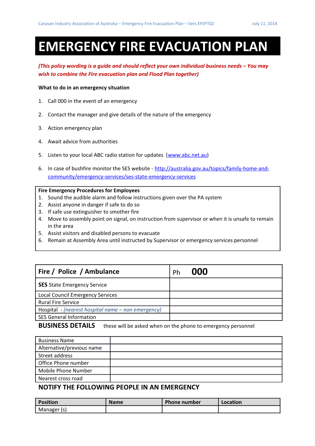 Caravan Industry Association of Australia Emergency Fire Evacuation Plan Vers EFEPT02