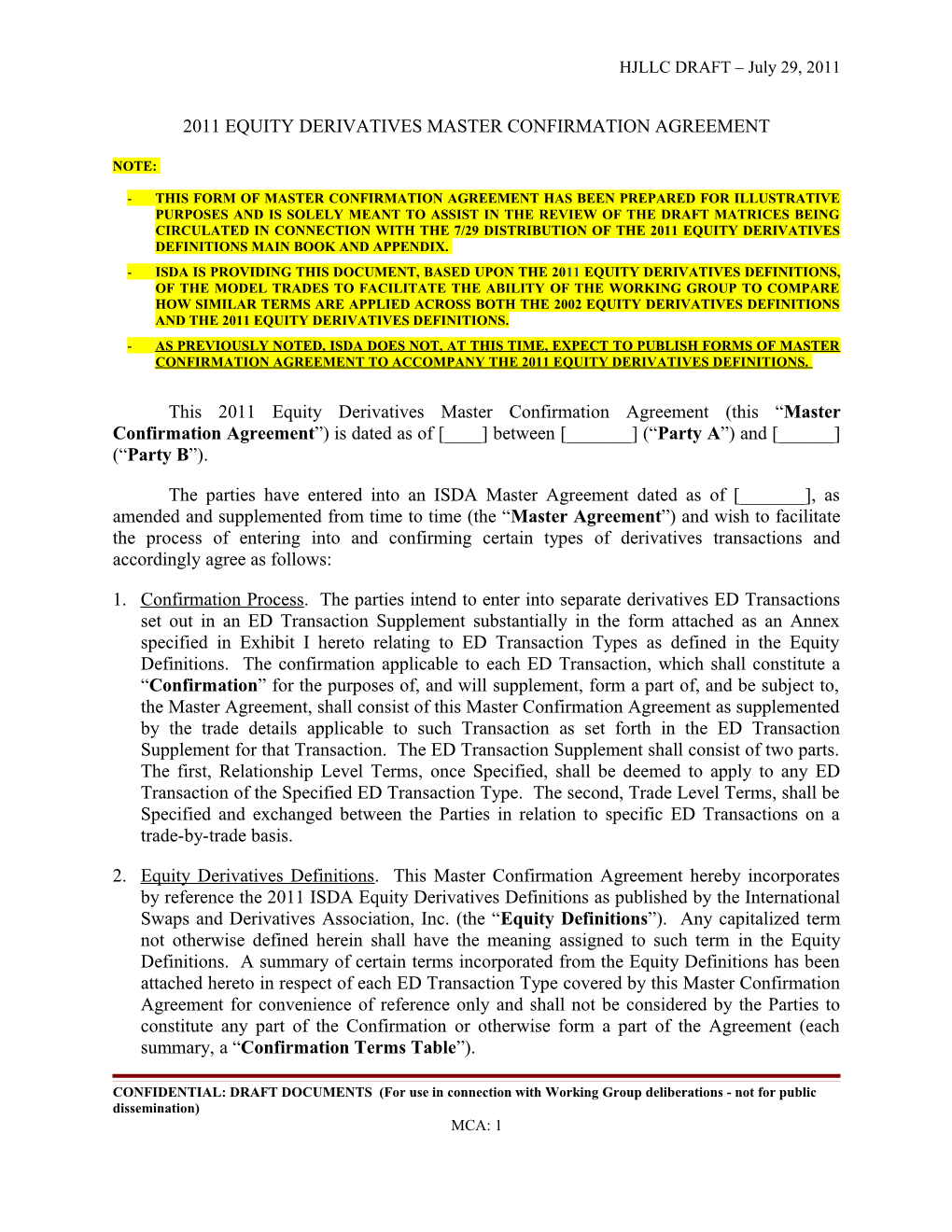2011 Equity Derivatives Master Confirmation Agreement