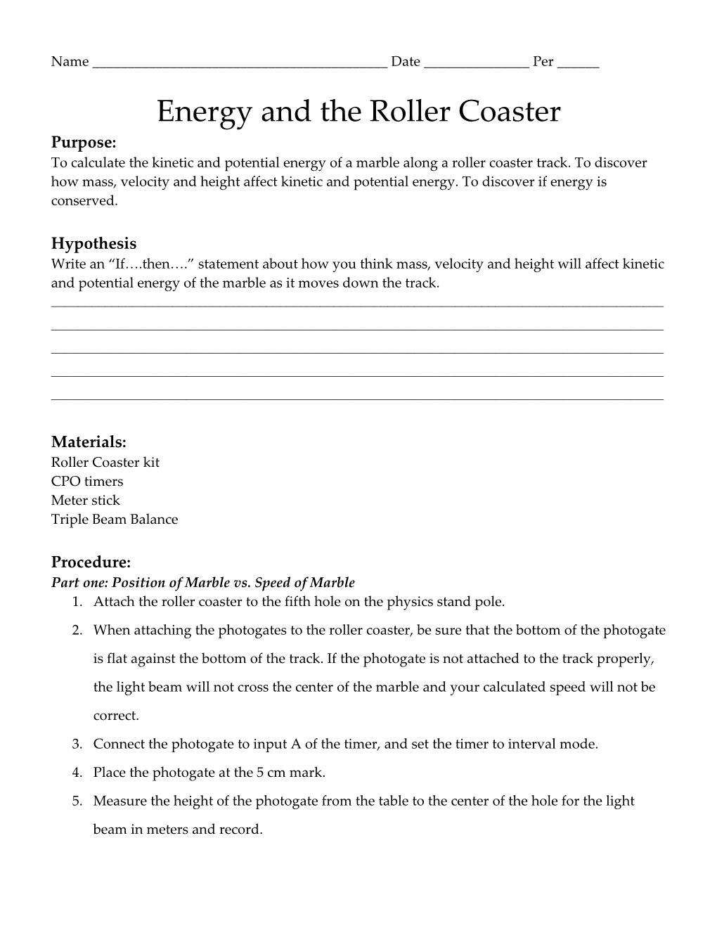 Energy and the Roller Coaster