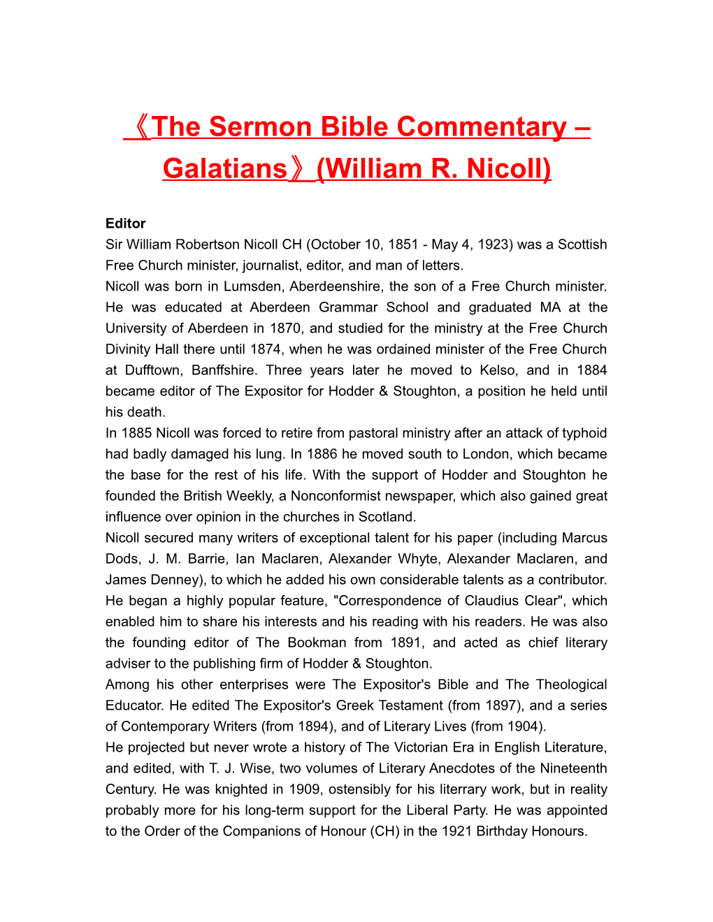 The Sermon Bible Commentary Galatians (William R. Nicoll)