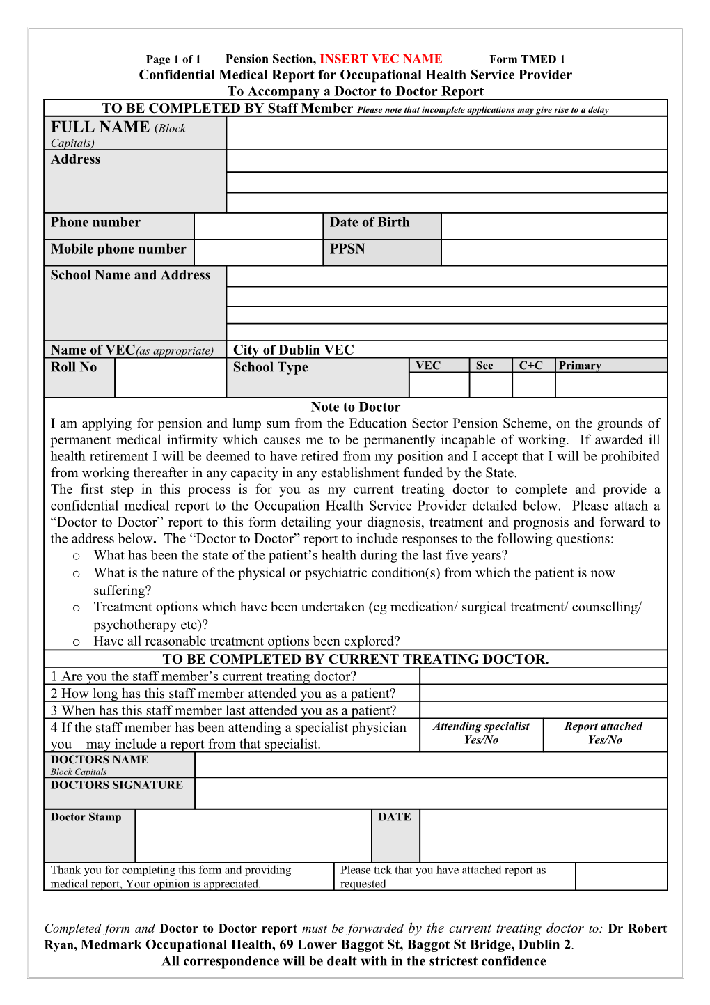 Page 1 of 1 Pension Section, INSERT VEC NAME Form TMED 1