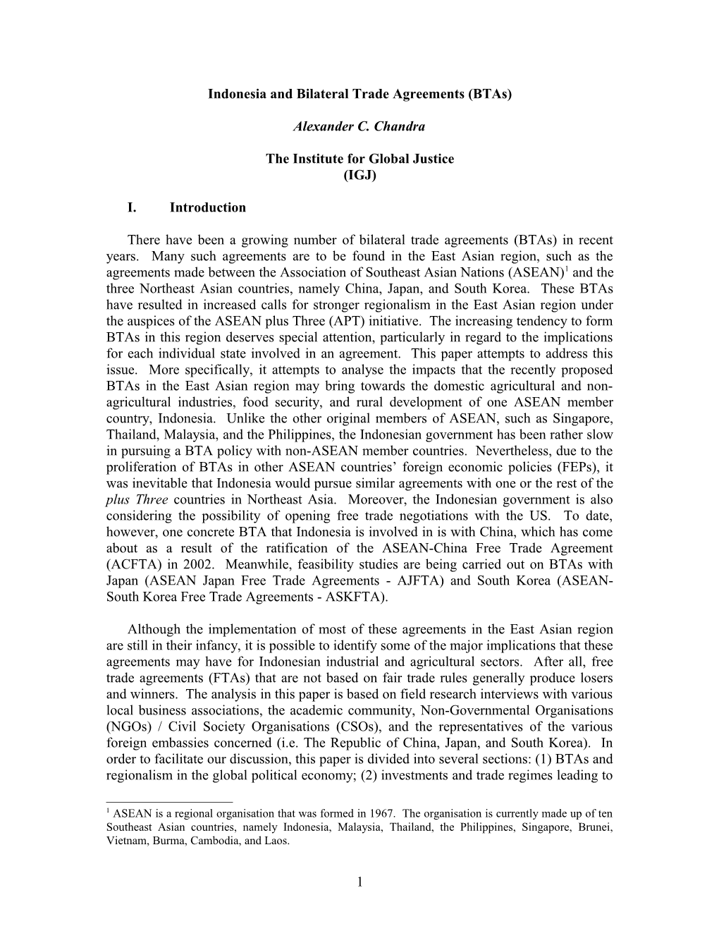 Indonesia and Bilateral Trade Agreements (Btas)