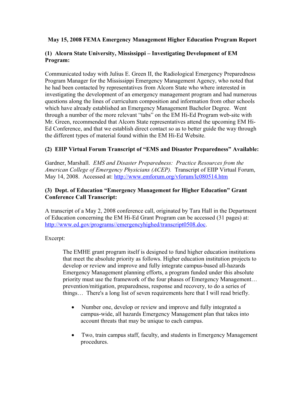 May 15, 2008 FEMA Emergency Management Higher Education Program Report