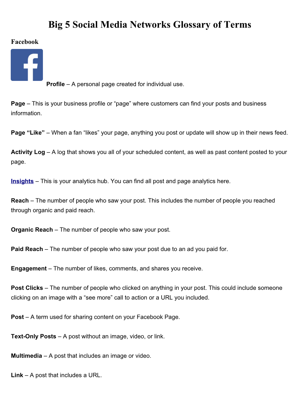 Big 5 Social Media Networks Glossary of Terms Facebook