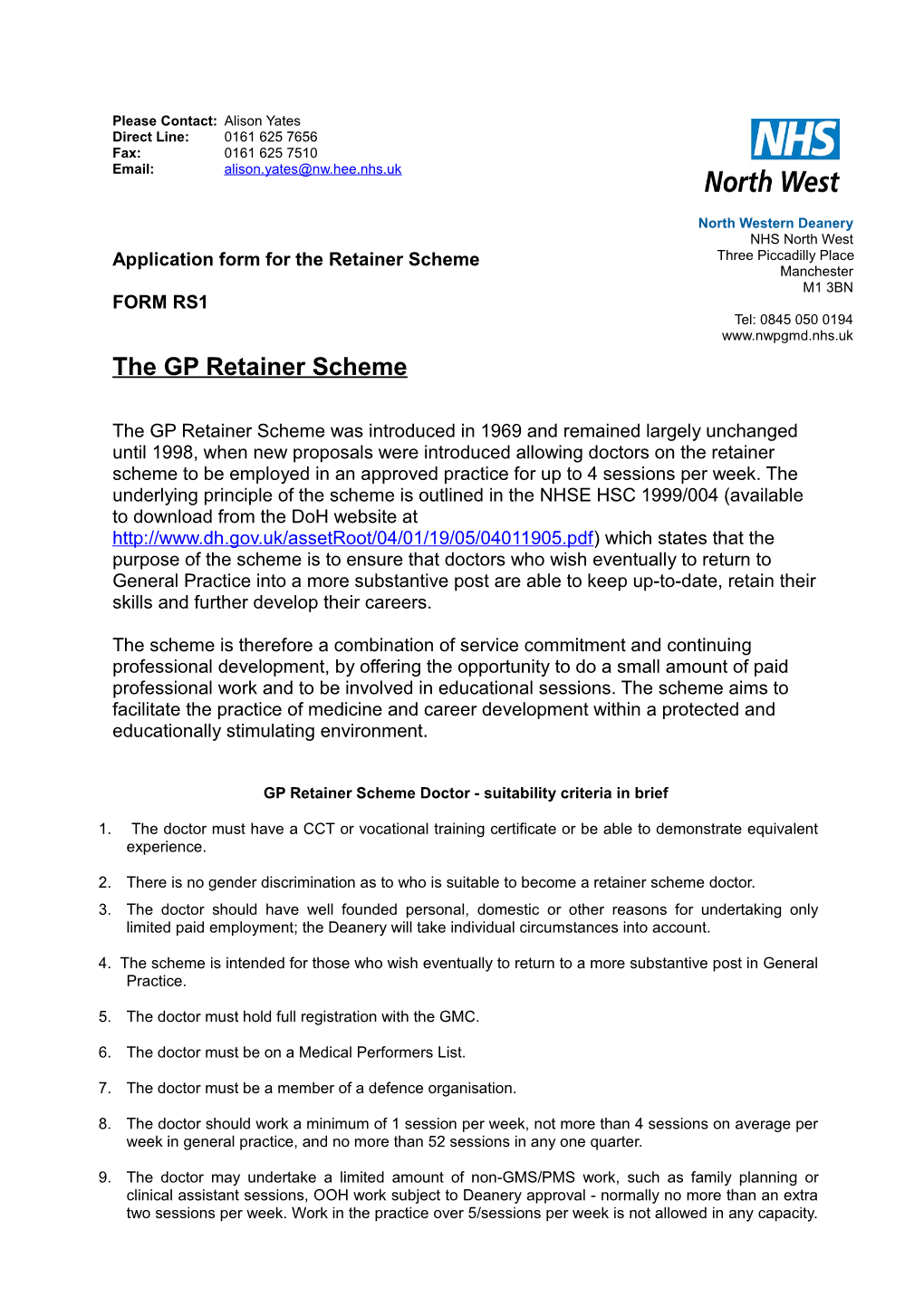 Application Form for the Retainer Scheme