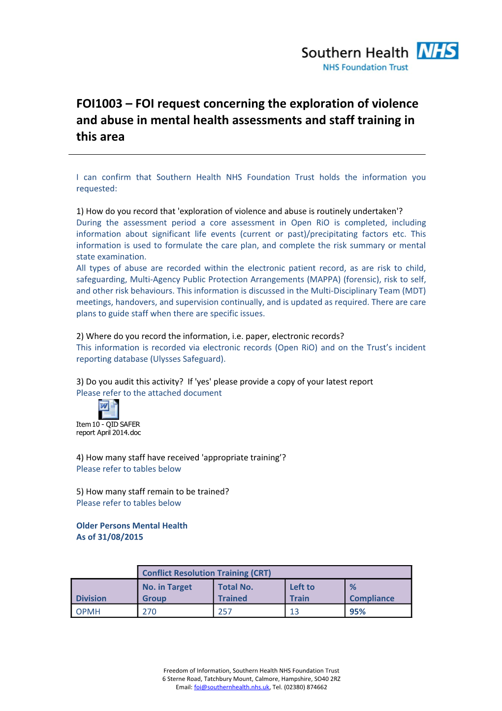 FOI1003 FOI Request Concerningthe Exploration of Violence and Abuse in Mental Health
