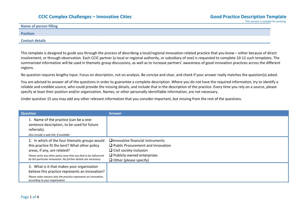 CCIC Complex Challenges Innovative Citiesgood Practice Description Template This Version