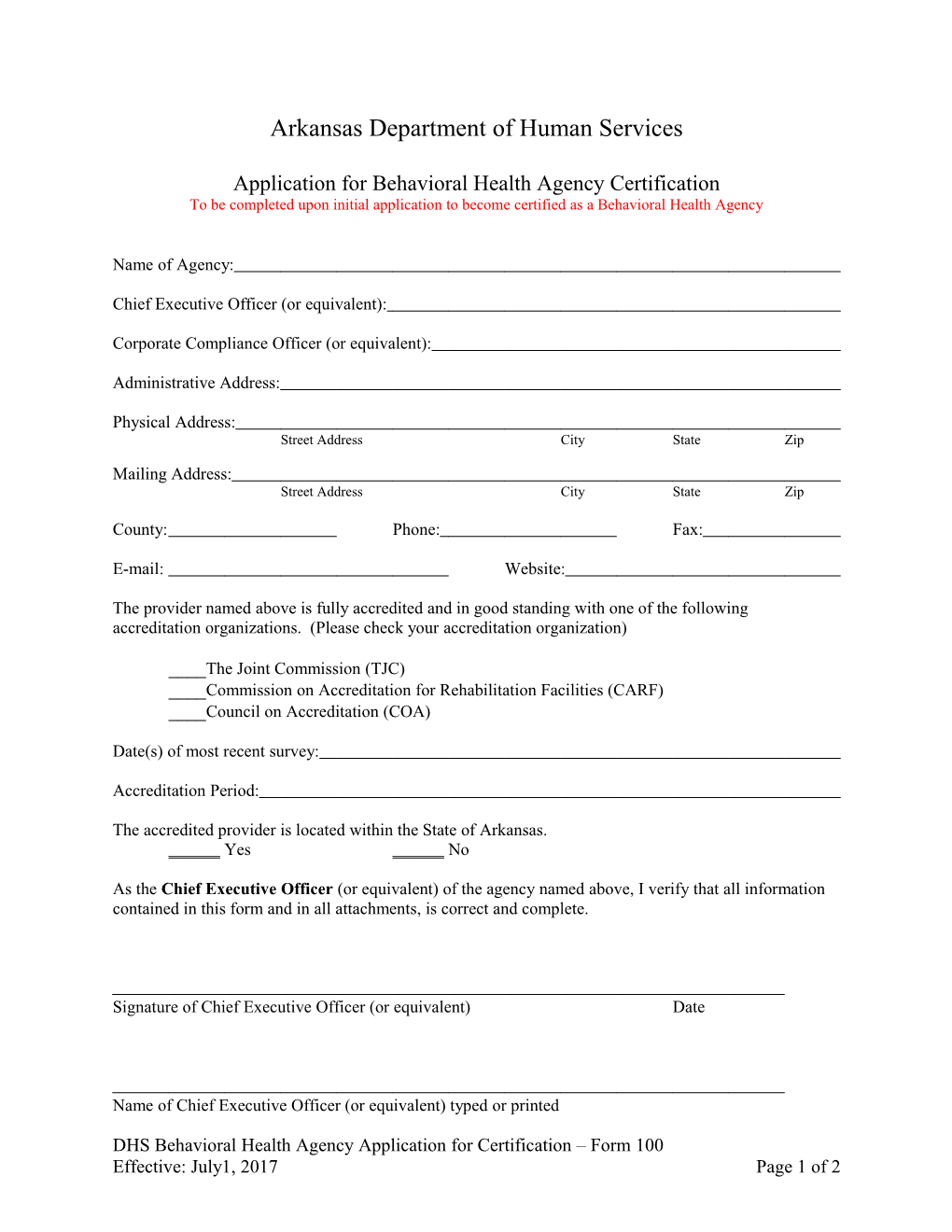 DHS BEHAVIORAL HEALTH AGENCY CERTIFICATION Form 100 - Application for New Agency