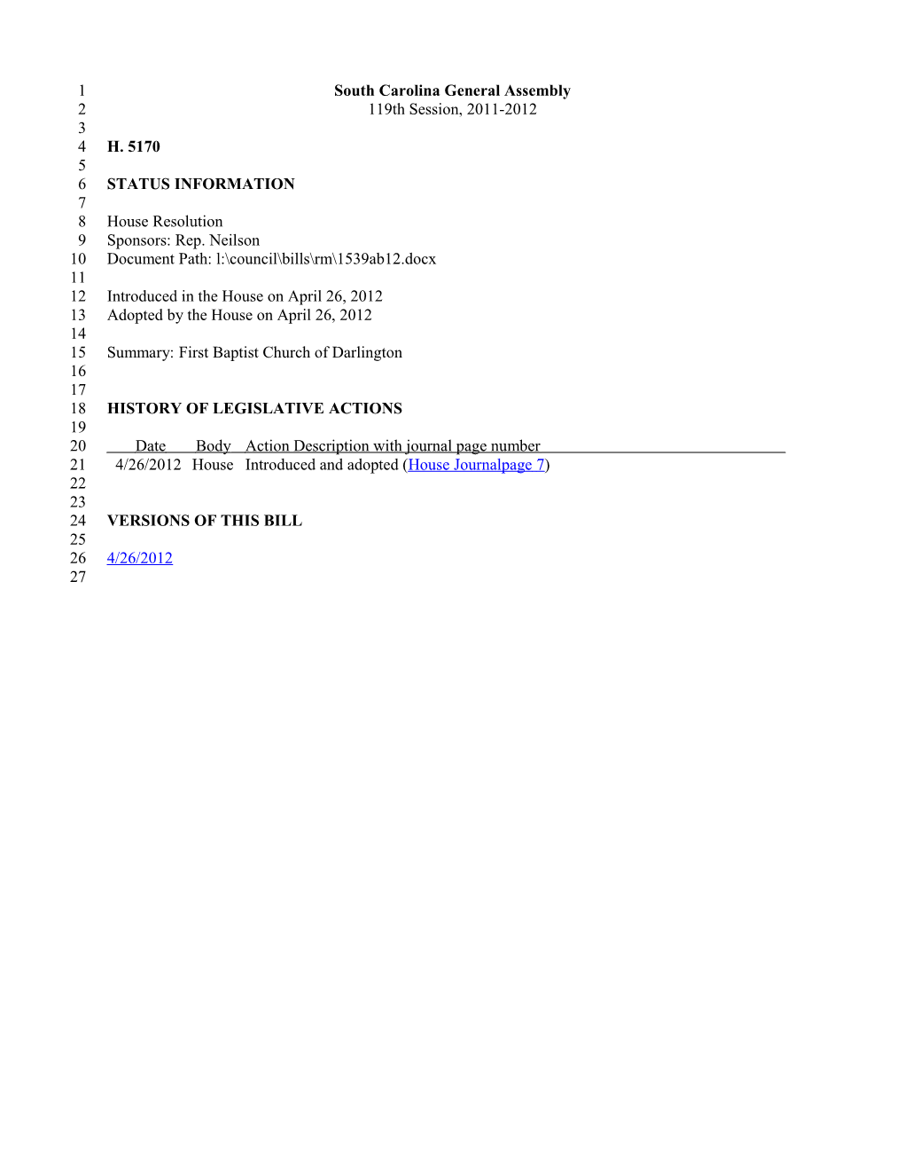 2011-2012 Bill 5170: First Baptist Church of Darlington - South Carolina Legislature Online
