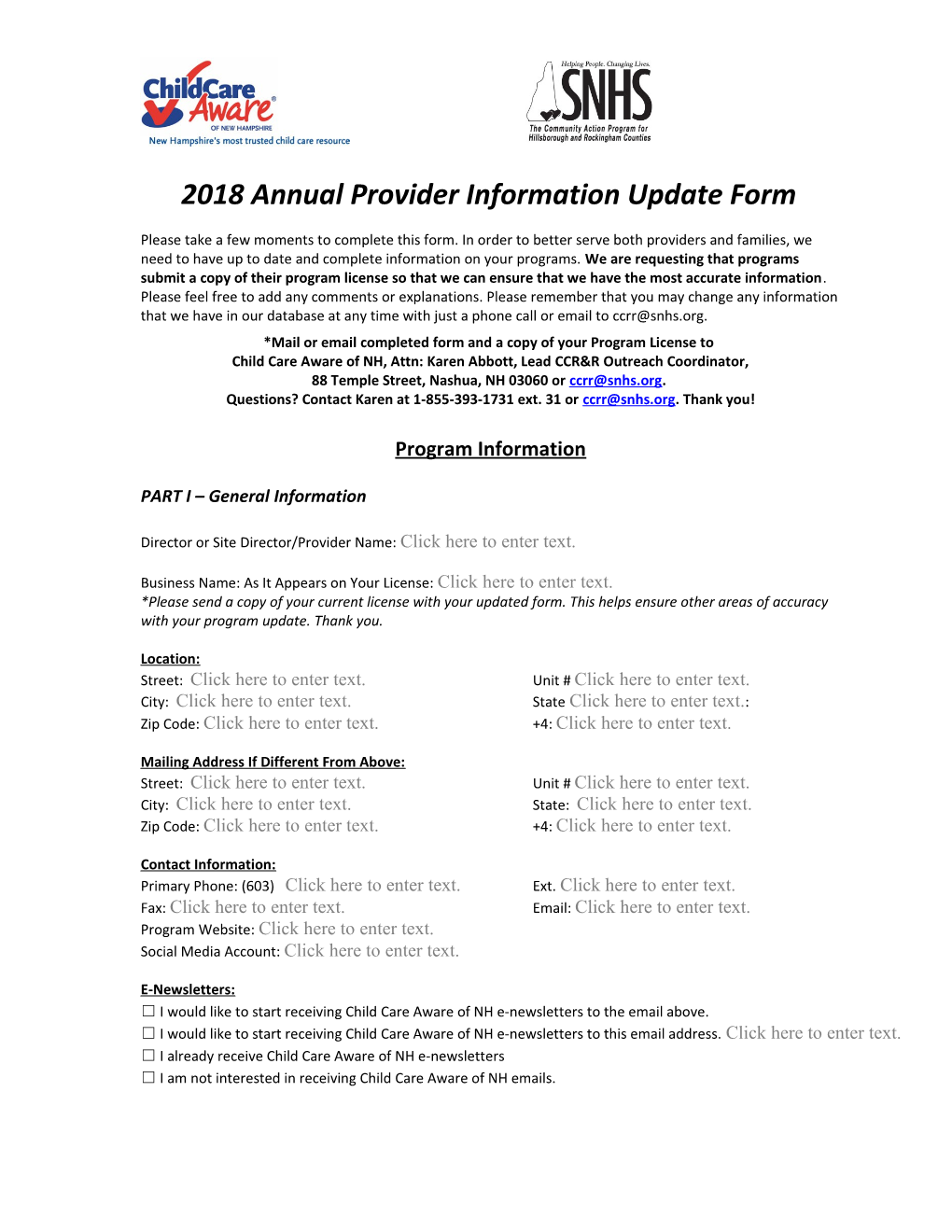 RCA Child Care Services Provider Information Form