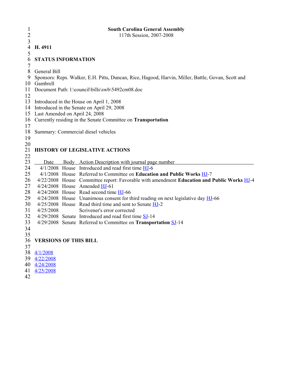 2007-2008 Bill 4911: Commercial Diesel Vehicles - South Carolina Legislature Online