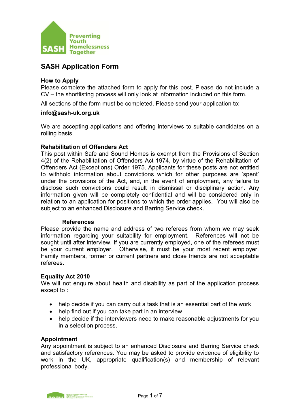 SASH Application Form