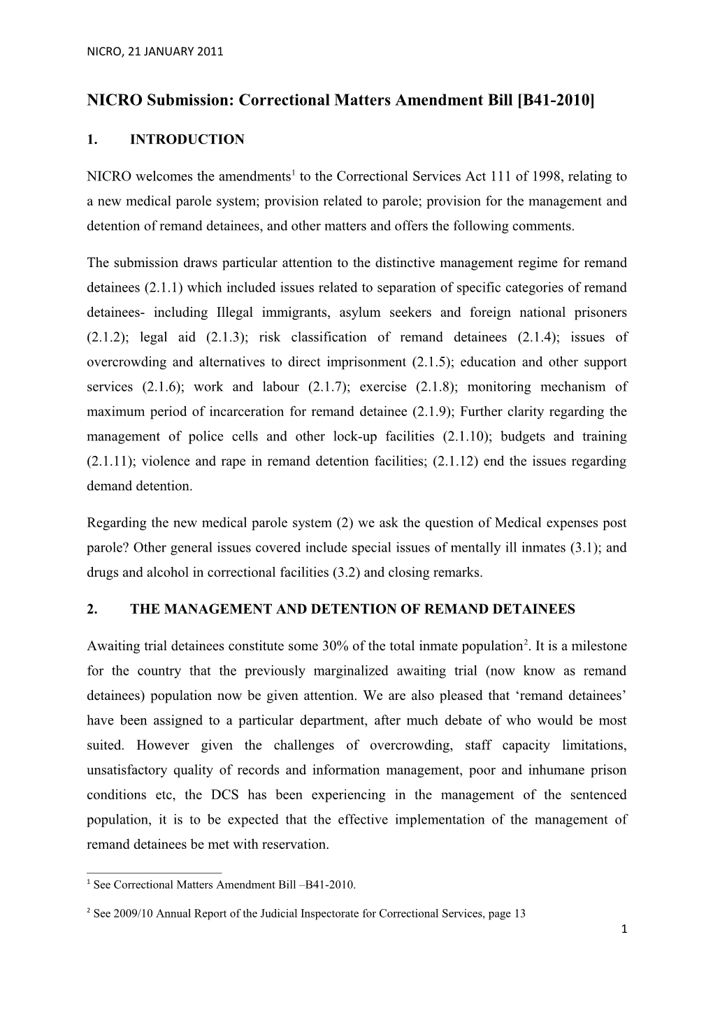 NICRO Submission: Correctional Matters Amendment Bill B41-2010